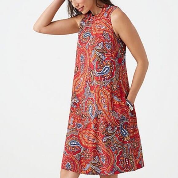 J. Jill  Shift Dress High Neck Paisley Print Red Rayon Knee Length Size M Fall - Picture 2 of 9